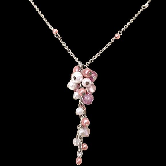 Faux Pearl Cluster Necklace Pendant Drip Dangle Pink Mauve Silver Tone Regency. - Picture 13 of 16